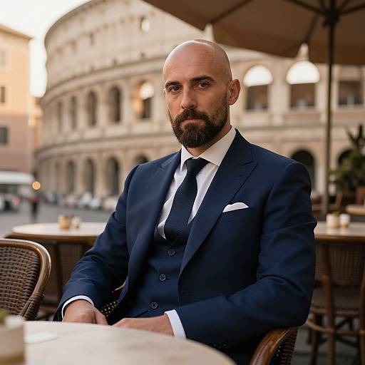 Confident Man in Navy Suit Sitting at Café Near Colosseum Rome