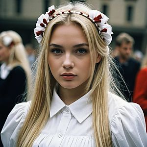 Young blonde woman in white blouse with headband in urban setting
