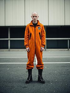 Man in Orange Jumpsuit and Black Boots Standing Outdoors