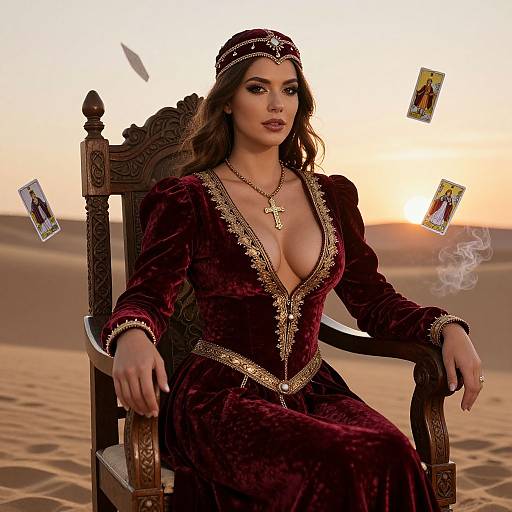 Woman in Vintage Velvet Gown with Tarot Cards in Desert Sunset