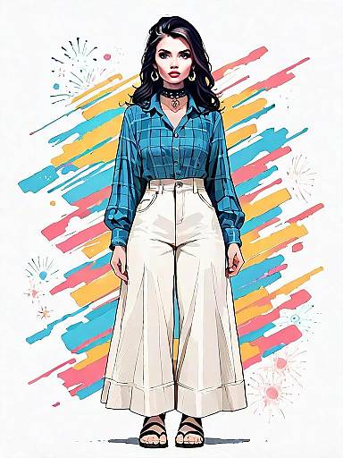 Realistic Comic Style Illustration of Woman in Blue Shirt and White Wide-Leg Pants
