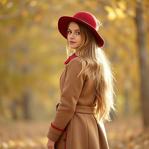 Young Woman in Red Hat and Camel Coat in Autumn