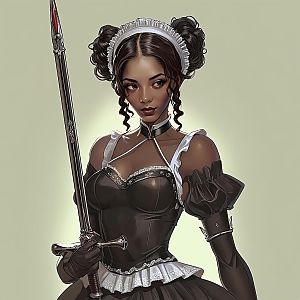 Confident Woman in Maid-Inspired Outfit with Spear