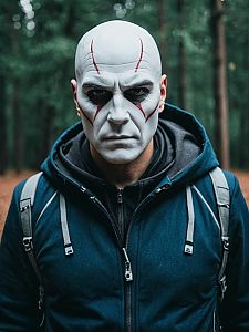 Bald Man with Dramatic Face Paint in Forest