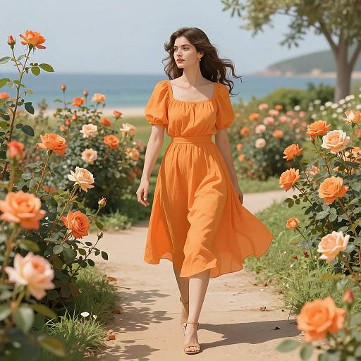 Woman in Orange Dress Walking Among Roses Near Seaside