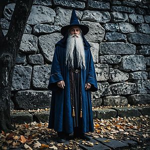 Wizard Costume Man in Blue Robe Standing by Stone Wall