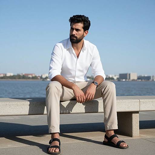 Thoughtful Man Sitting by Waterfront in White Shirt and Beige Pants