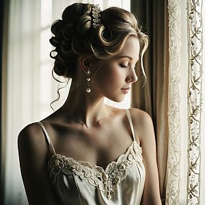 Elegant Woman in Ivory Satin Lace Gown by Embroidered Window