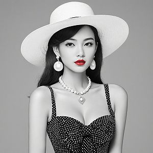 Elegant Woman in Polka Dot Dress with White Hat