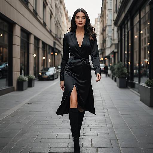 Confident Woman in Black Satin Dress Walking on City Street