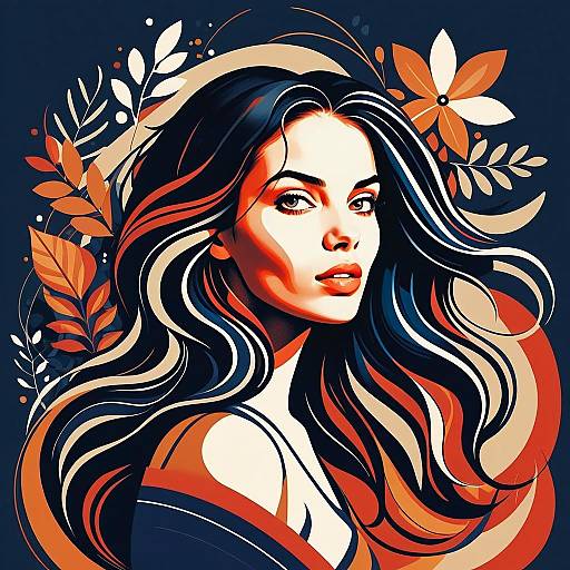 Stylized Digital Portrait of Woman with Autumn Leaves Background