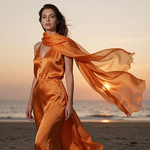 Elegant Woman in Flowing Orange Dress at Beach Sunset