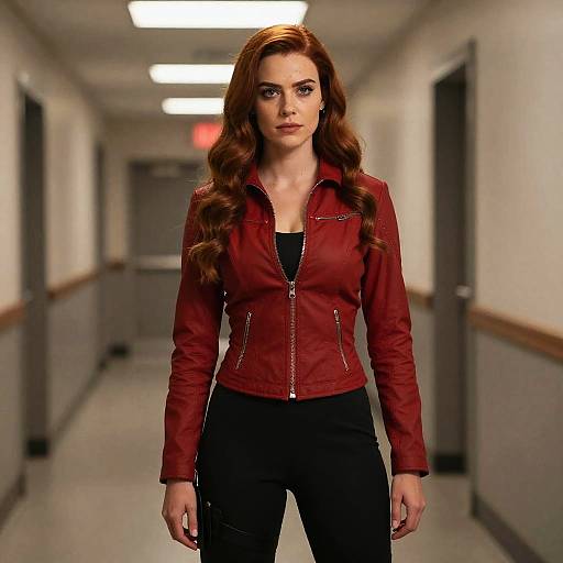 Woman in Red Leather Jacket Wanda Maximoff Inspired Costume Standing in Hallway