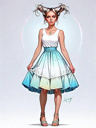 Realistic Comic Style Woman in Casual Outfit with Gradient Blue Skirt Full Body Illustration