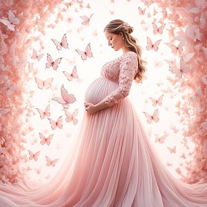 Pregnant Woman in Pink Gown with Butterflies