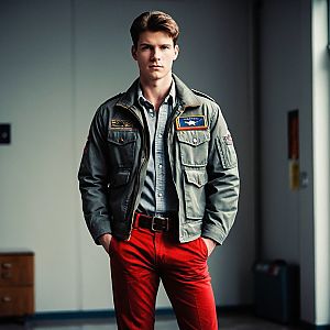 Confident Young Man in Military Jacket and Red Pants