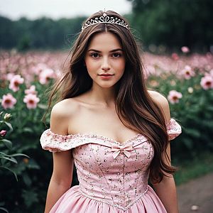 Elegant Woman in Pink Dress in Blooming Field