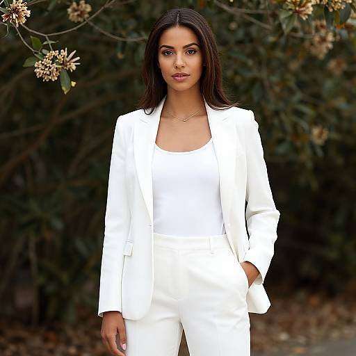Confident Woman in Elegant White Blazer and Trousers Outdoor Portrait