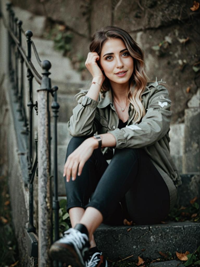 Stylish Young Woman on Stone Staircase