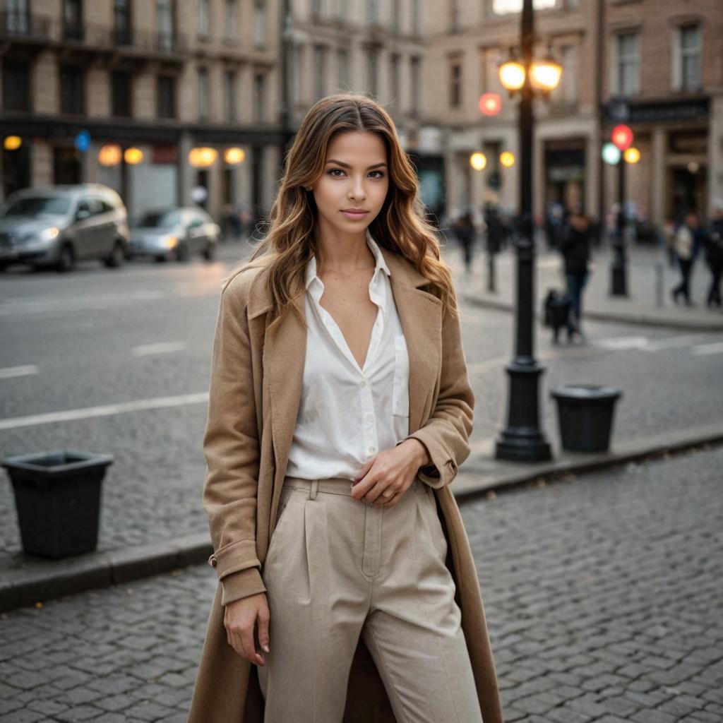 Woman in Beige Overcoat on City Street