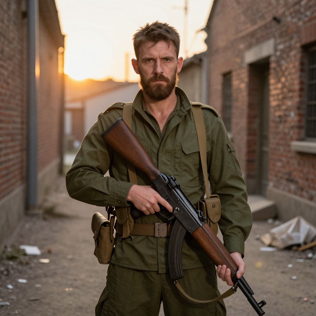 Man in Vintage Military Uniform Holding Classic Rifle at Sunset