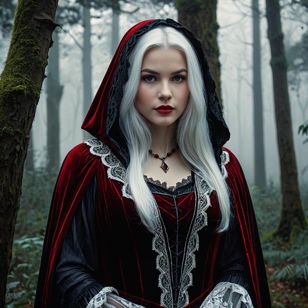 Gothic Woman in Red Velvet Cloak with Silver Hair in Misty Forest