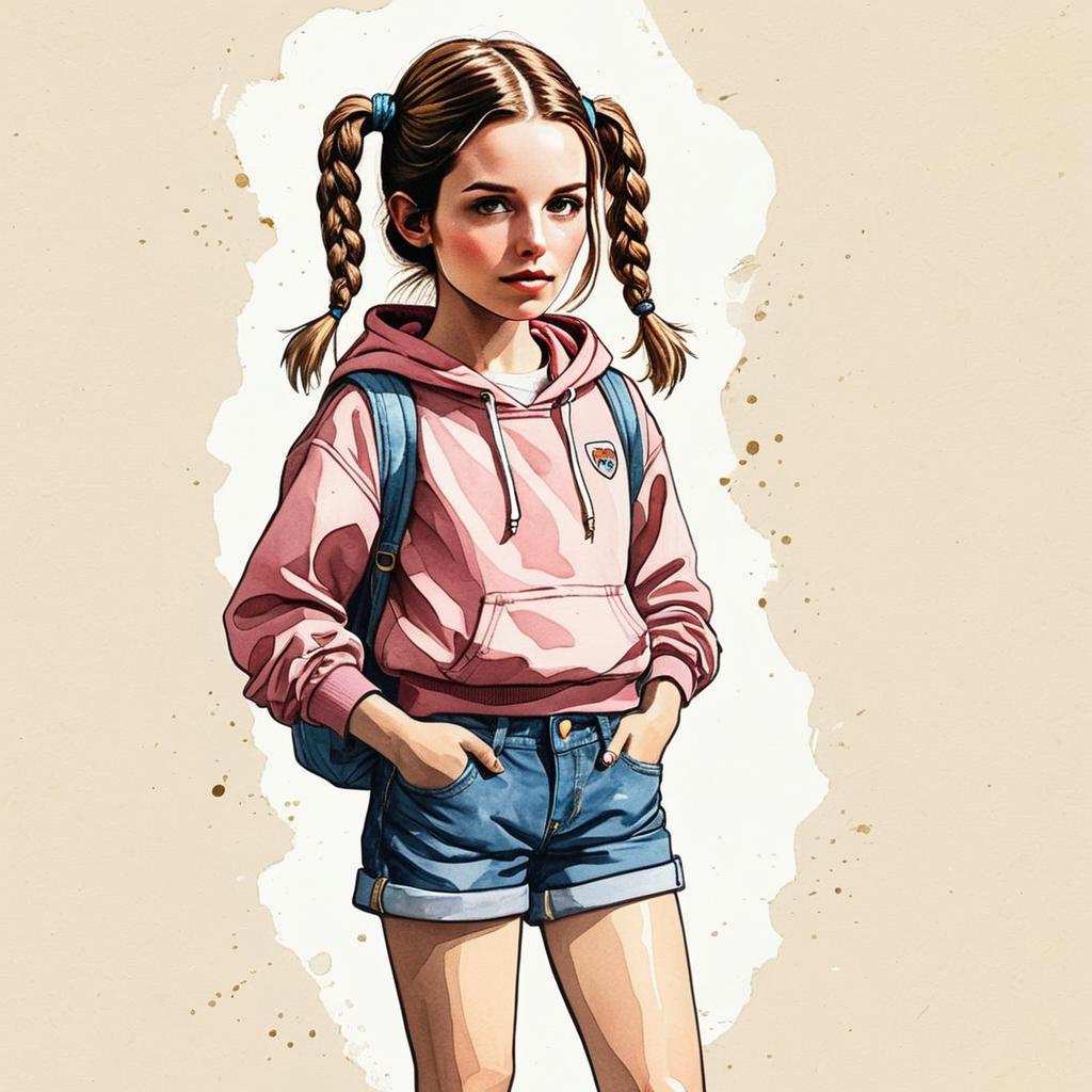 Stylized Digital Illustration of Young Woman in Pink Hoodie with Braided Pigtails