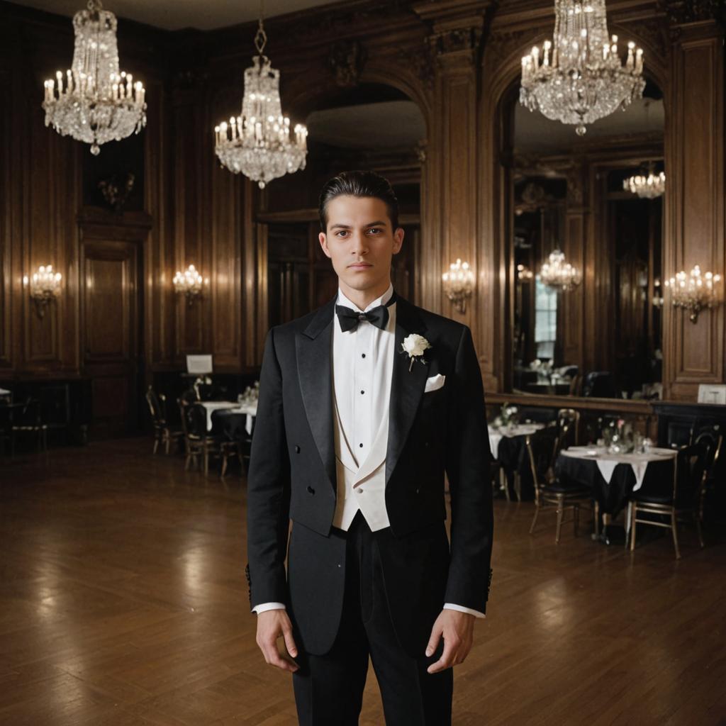 Elegant Man in Tuxedo in Opulent Ballroom