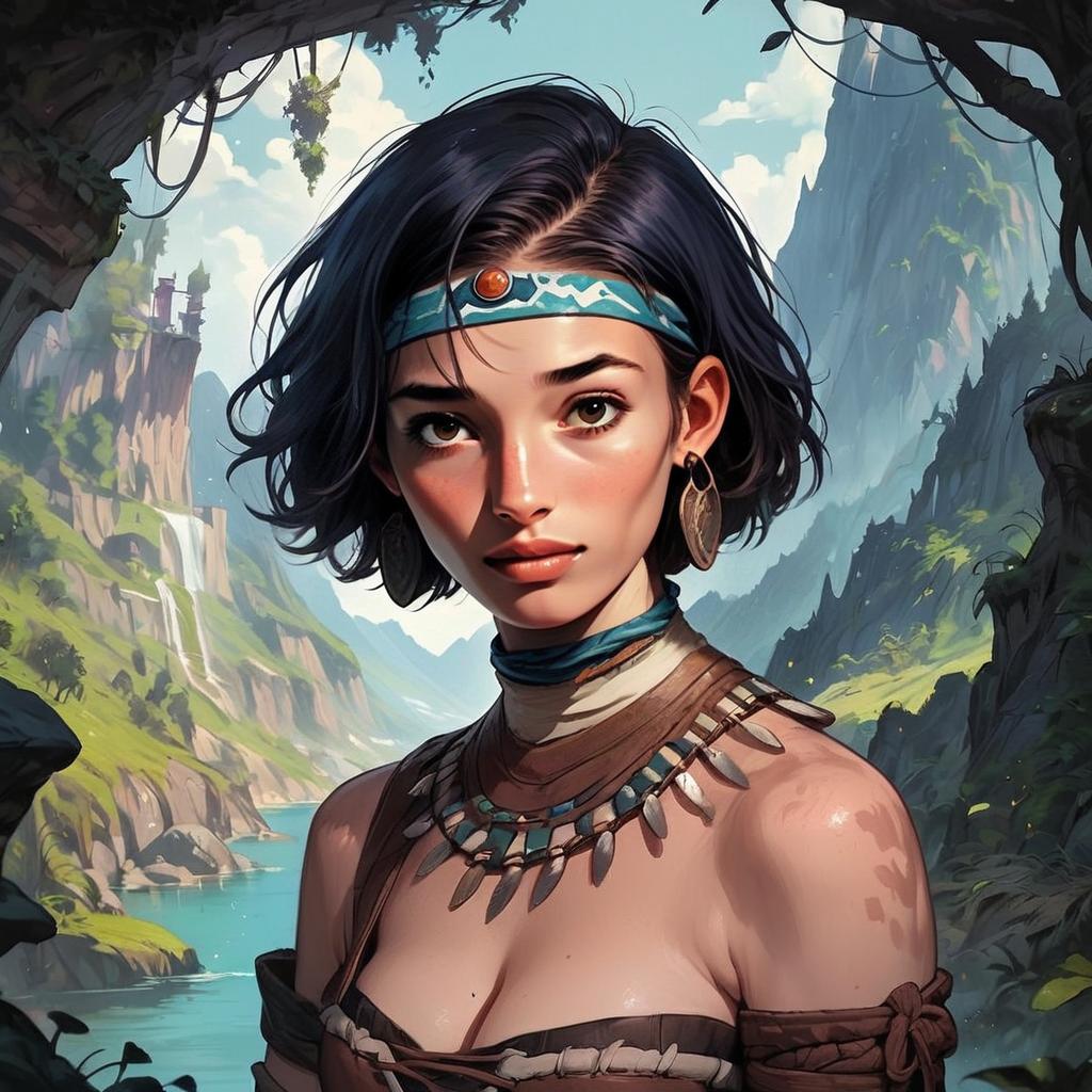Young Woman in Tribal Accessories with Scenic Landscape