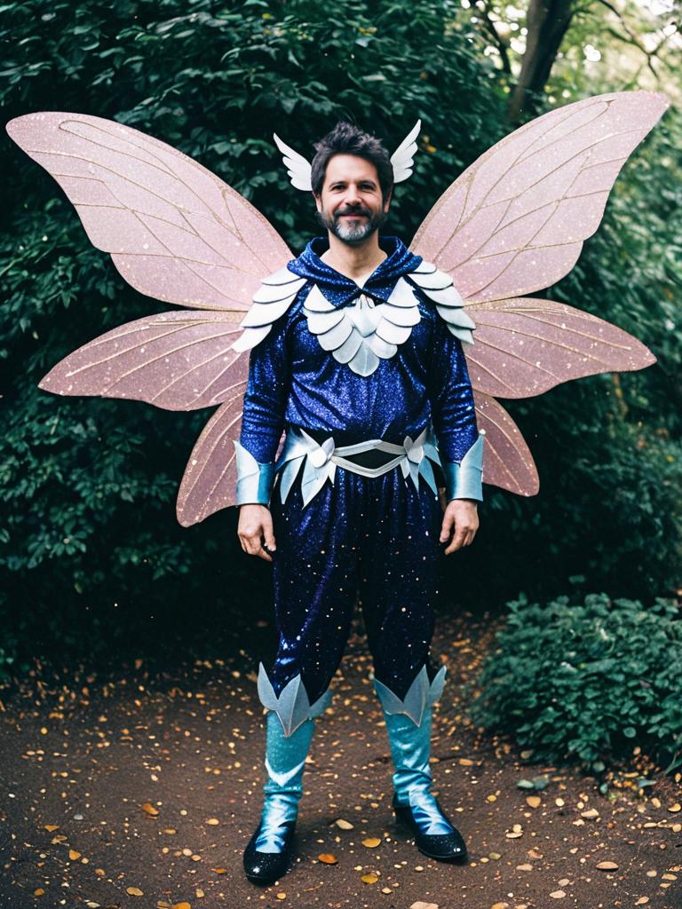 Man in Glittery Fairy Costume with Large Pink Wings Full Body Cosplay