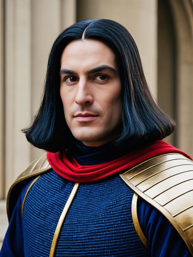 Man in Detailed Cosplay with Gold Armor and Red Scarf