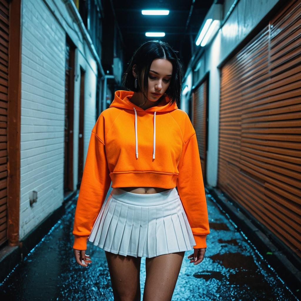 Trendy Young Woman in Orange Cropped Hoodie and White Pleated Skirt in Urban Alley Trendy Young Woman in Orange Cropped Hoodie and White Pleated Skirt in Urban Alley
