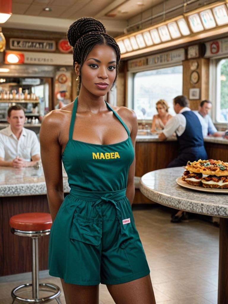 Confident woman in apron at vintage diner