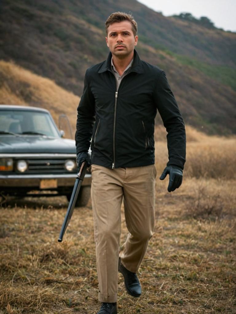 Confident Man with Shotgun in Rugged Landscape