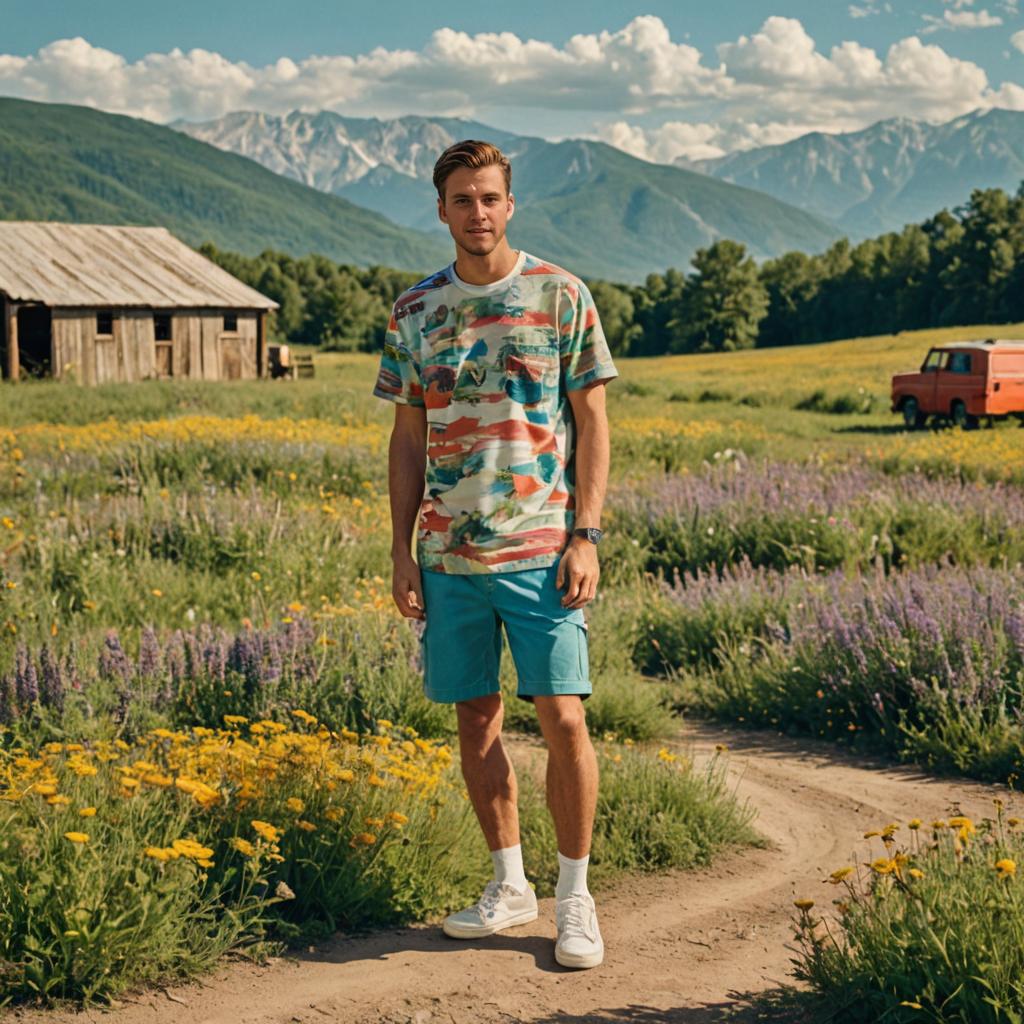 Man in Summer Attire in Wildflower Field with Mountains