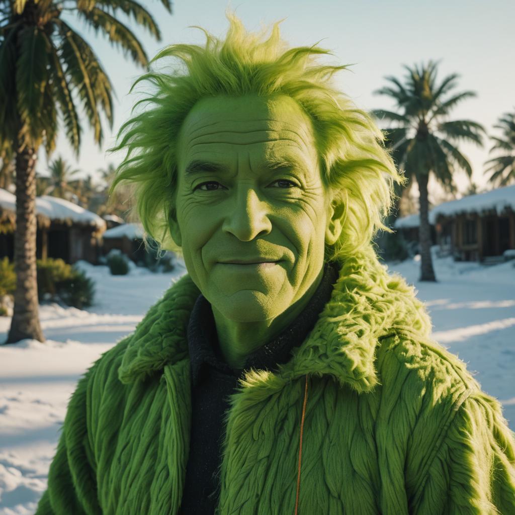 Man with Green Skin and Hair in Snowy Tropical Setting