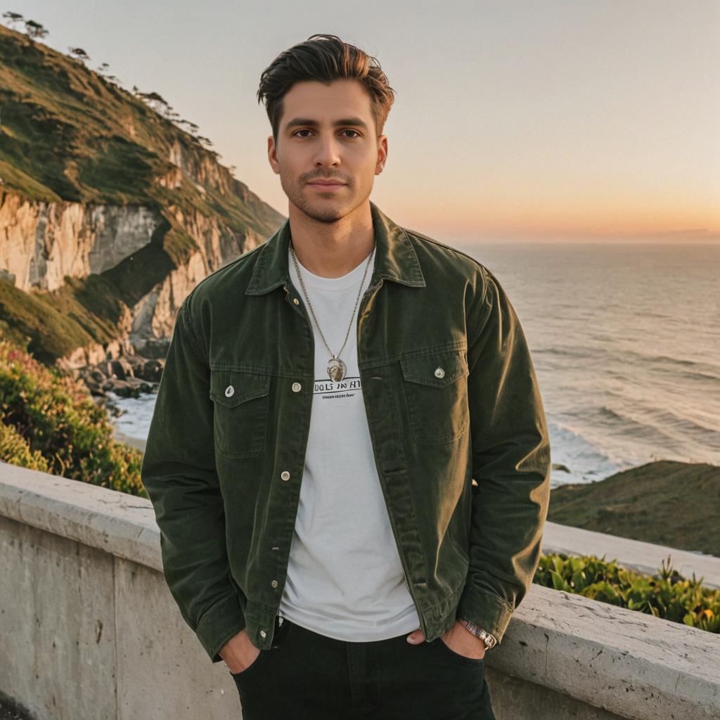 Man in White T-Shirt and Green Jacket at Sunset Cliffside