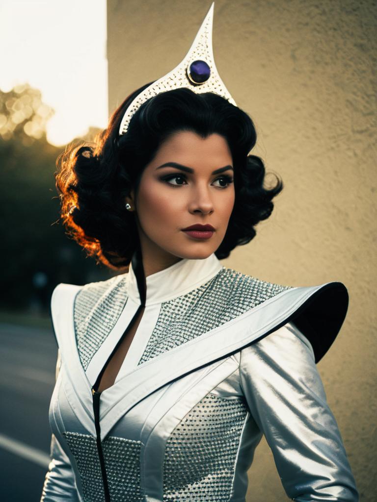 Realistic Suletta Mercury Cosplay Woman in Futuristic Silver Costume