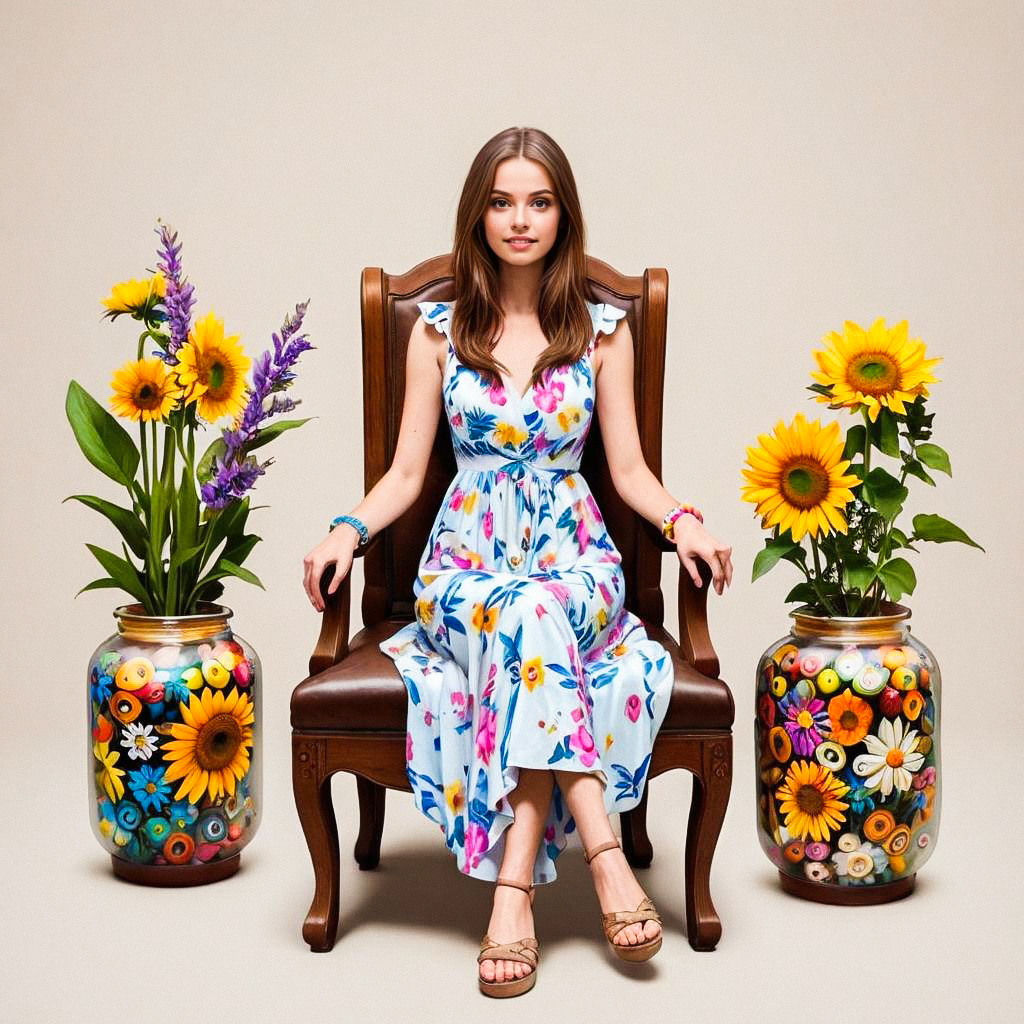 Young Woman in Floral Dress with Sunflowers Young Woman in Floral Dress with Sunflowers