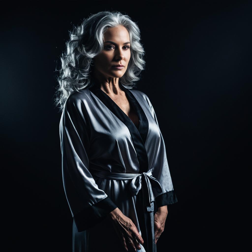 Elegant Mature Woman with Silver Hair in Silky Robe Studio Portrait