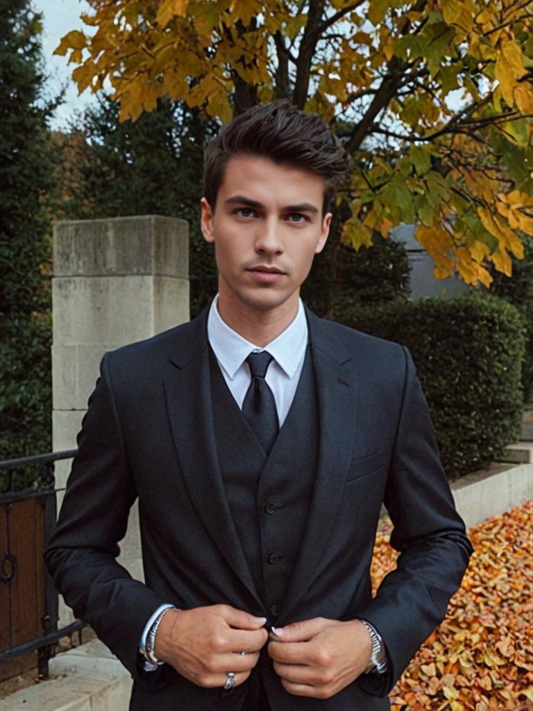 Stylish Man in Black Suit with Elegant Fall Background