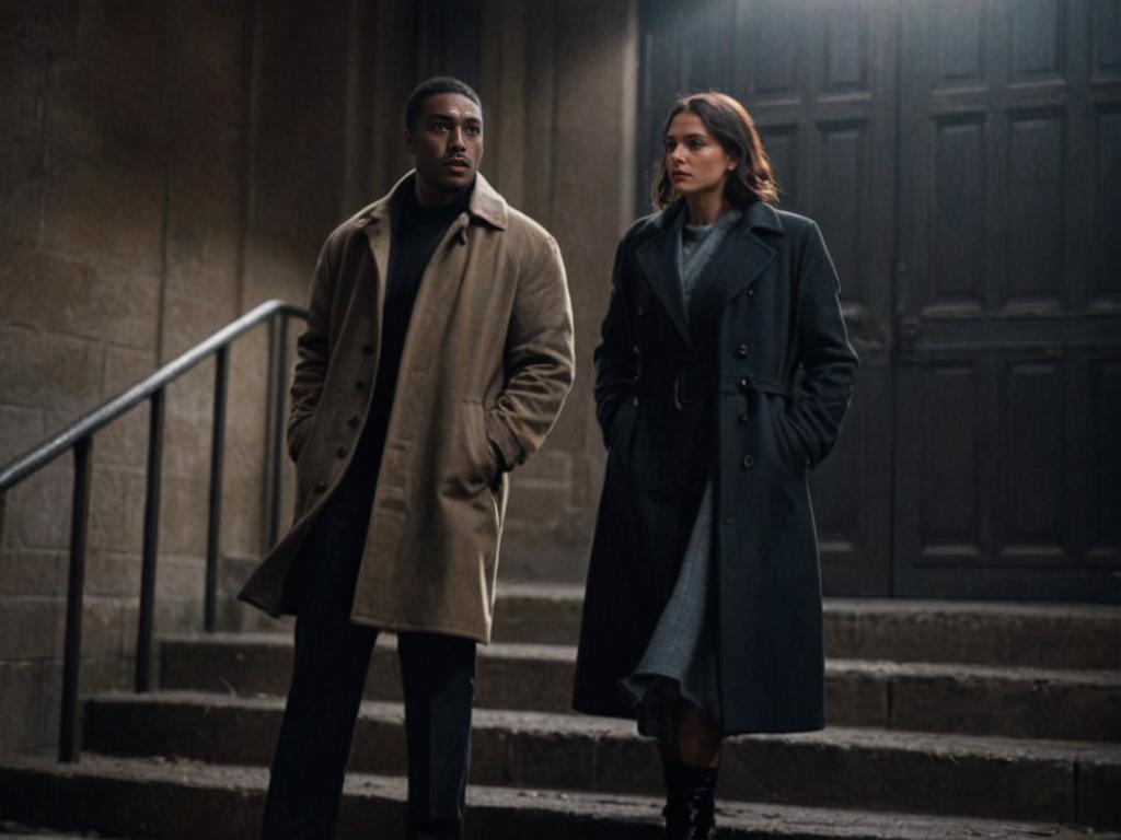 Stylish Man and Woman in Trench Coats in Urban Scene