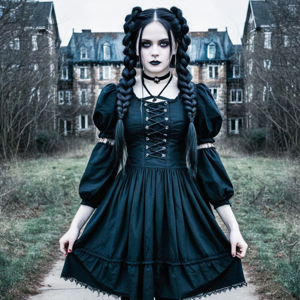 Gothic Woman in Black Dress at Abandoned Building Gothic Woman in Black Dress at Abandoned Building