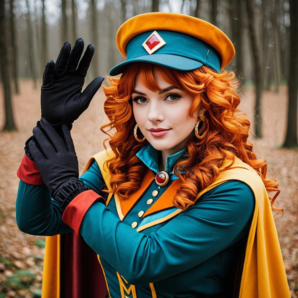 Cosplay Woman with Red Curly Hair in Fantasy Costume Forest Portrait
