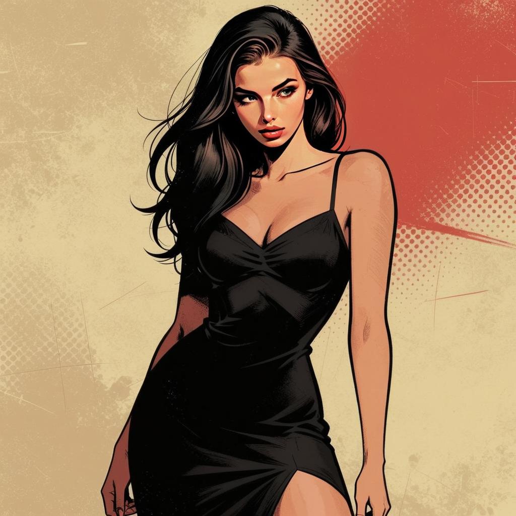 Stylish Young Woman in Black Dress Digital Illustration