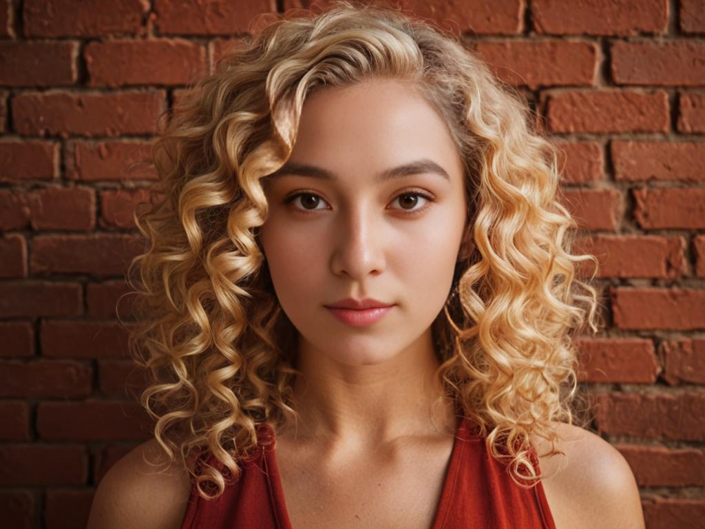 Serene Woman with Blonde Curls Against Brick Background