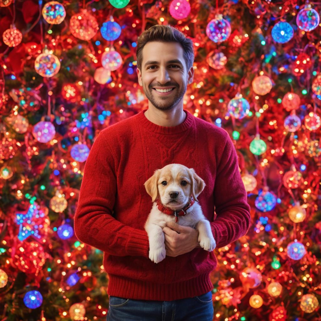 Cheerful man in festive sweater with Christmas puppy