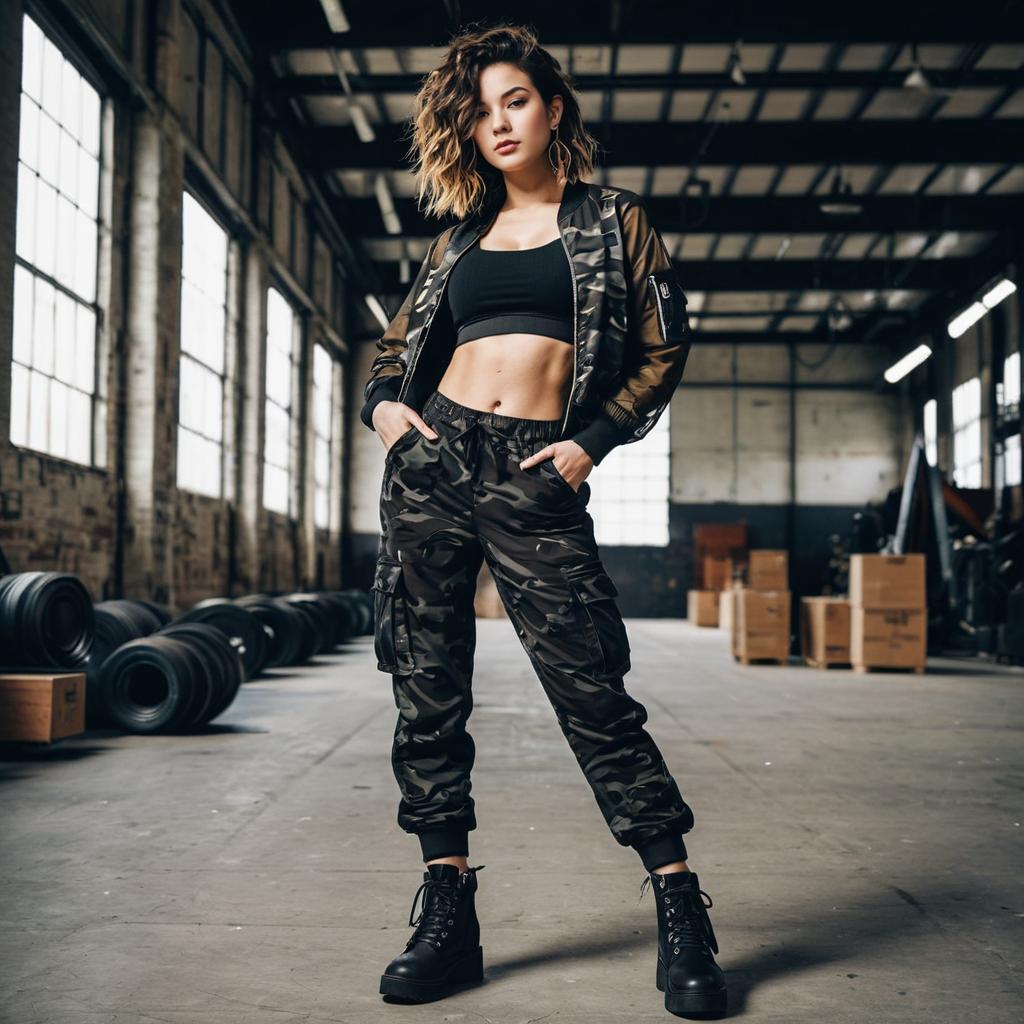 Confident Woman in Camouflage Streetwear in Industrial Warehouse