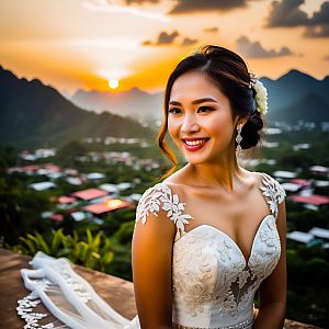 Joyful Bride in Lace Dress at Sunset