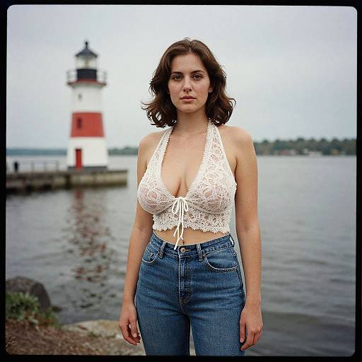 Casual Woman in White Lace Halter Top and Blue Jeans by Lakeside Lighthouse
